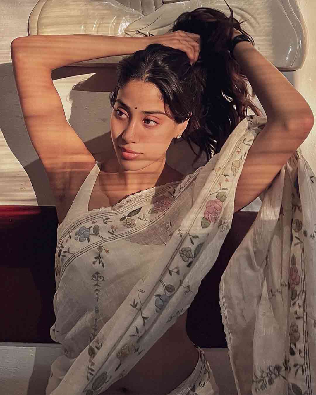 Janhvi Kapoor Stuns Fans with Her White Saree Look from Vacation