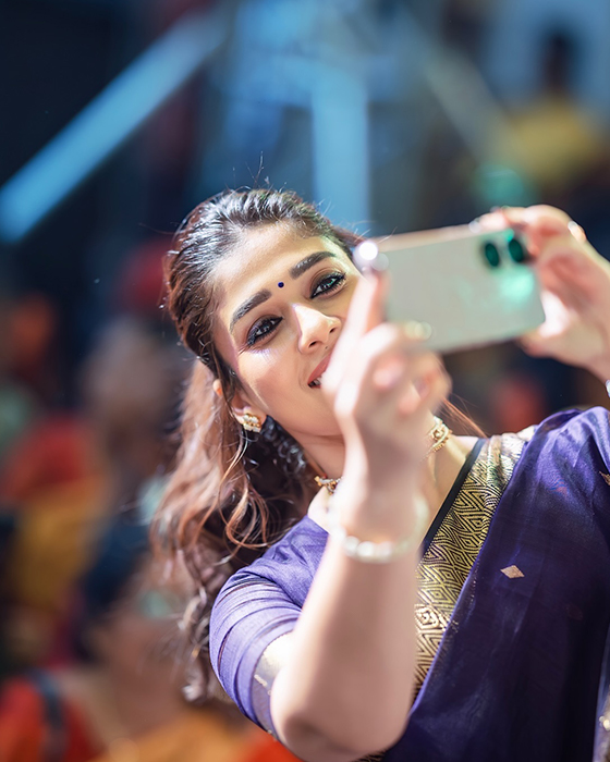 Lady Superstar Nayanthara Wows in Purple Saree While Posing with Fans
