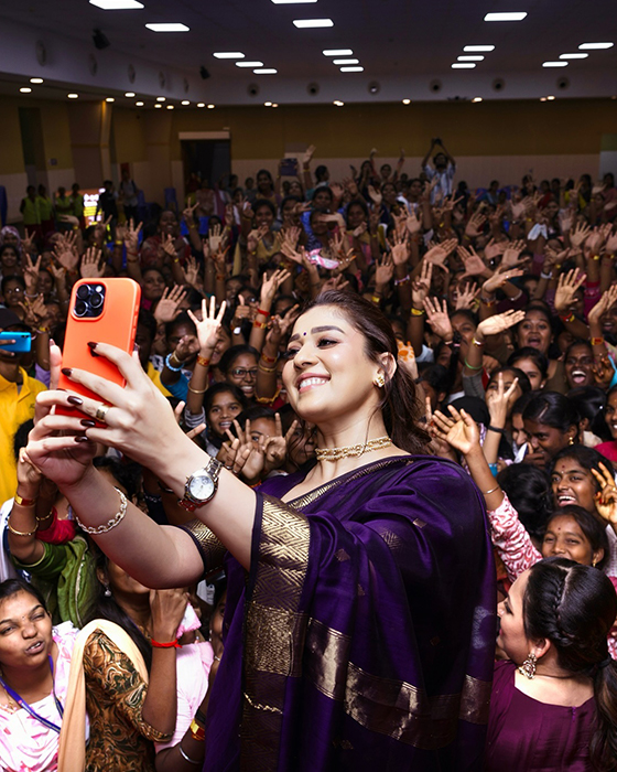 Lady Superstar Nayanthara Wows in Purple Saree While Posing with Fans