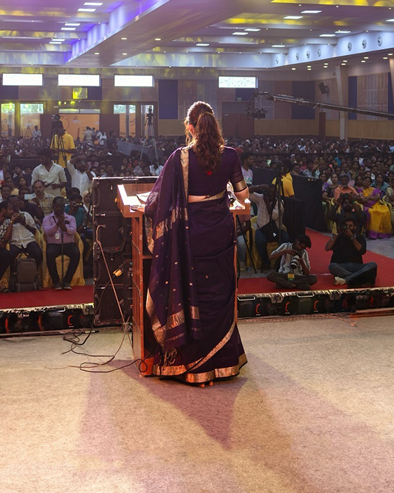 Lady Superstar Nayanthara Wows in Purple Saree While Posing with Fans