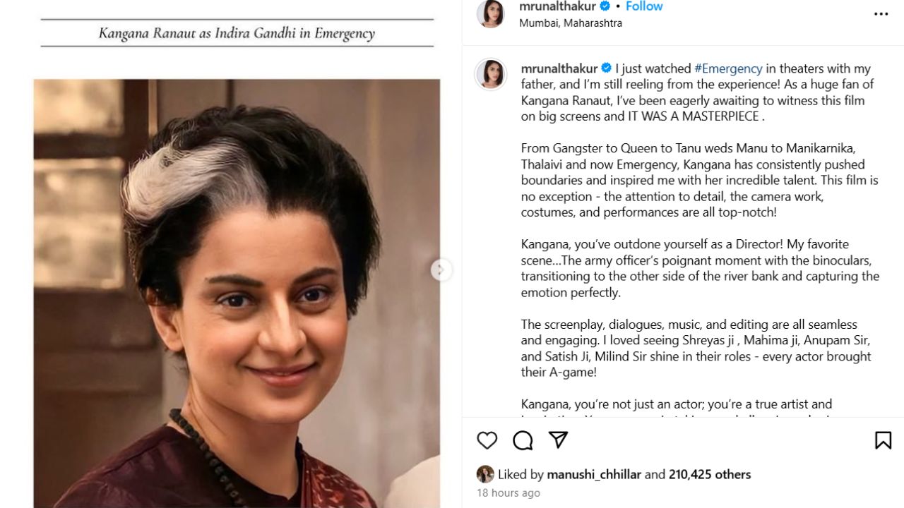 Mrunal Says Kangana directed Emergency is a Masterpiece