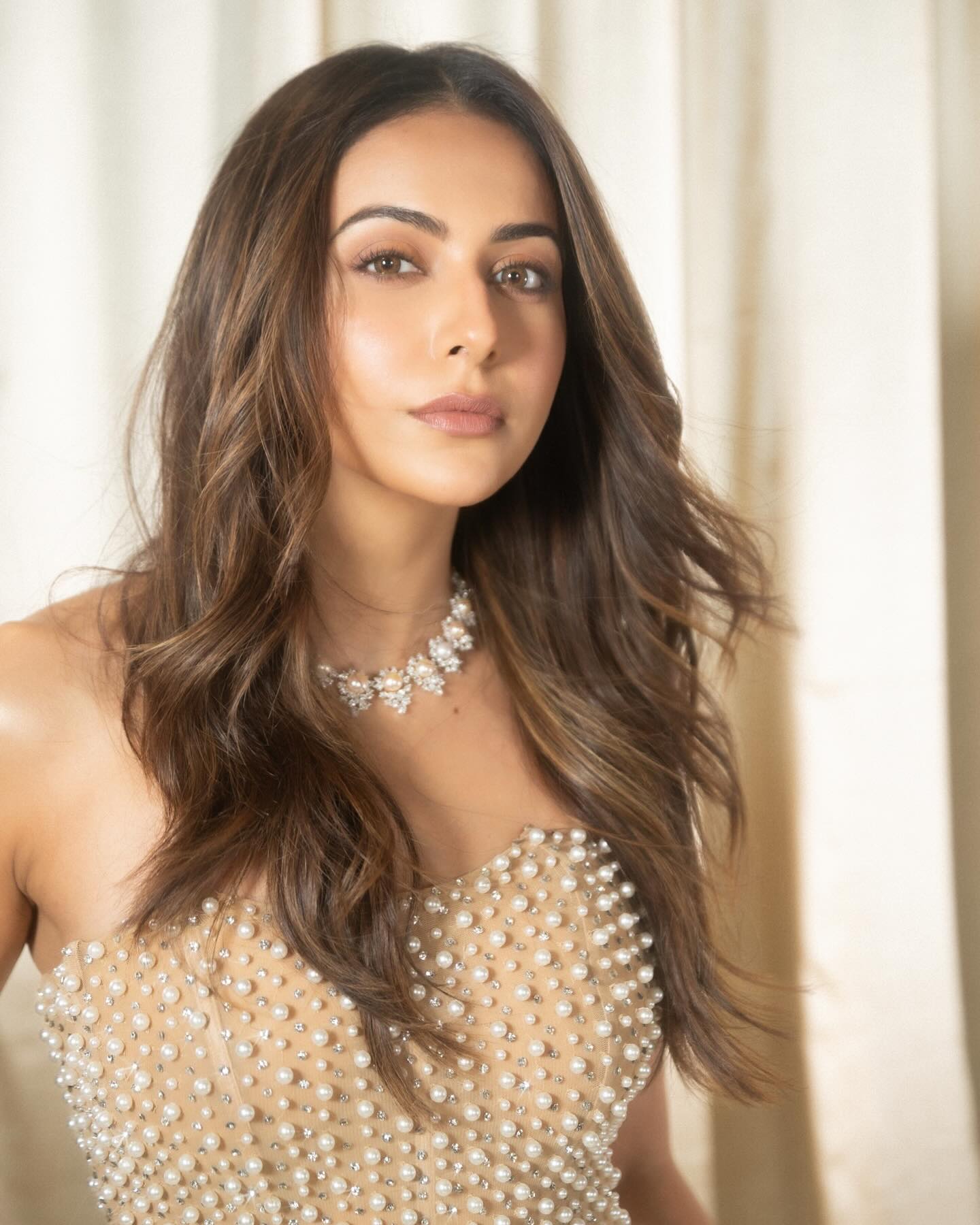 Rakul Preet Singh Stuns In Beige Pearl Bodycon Look