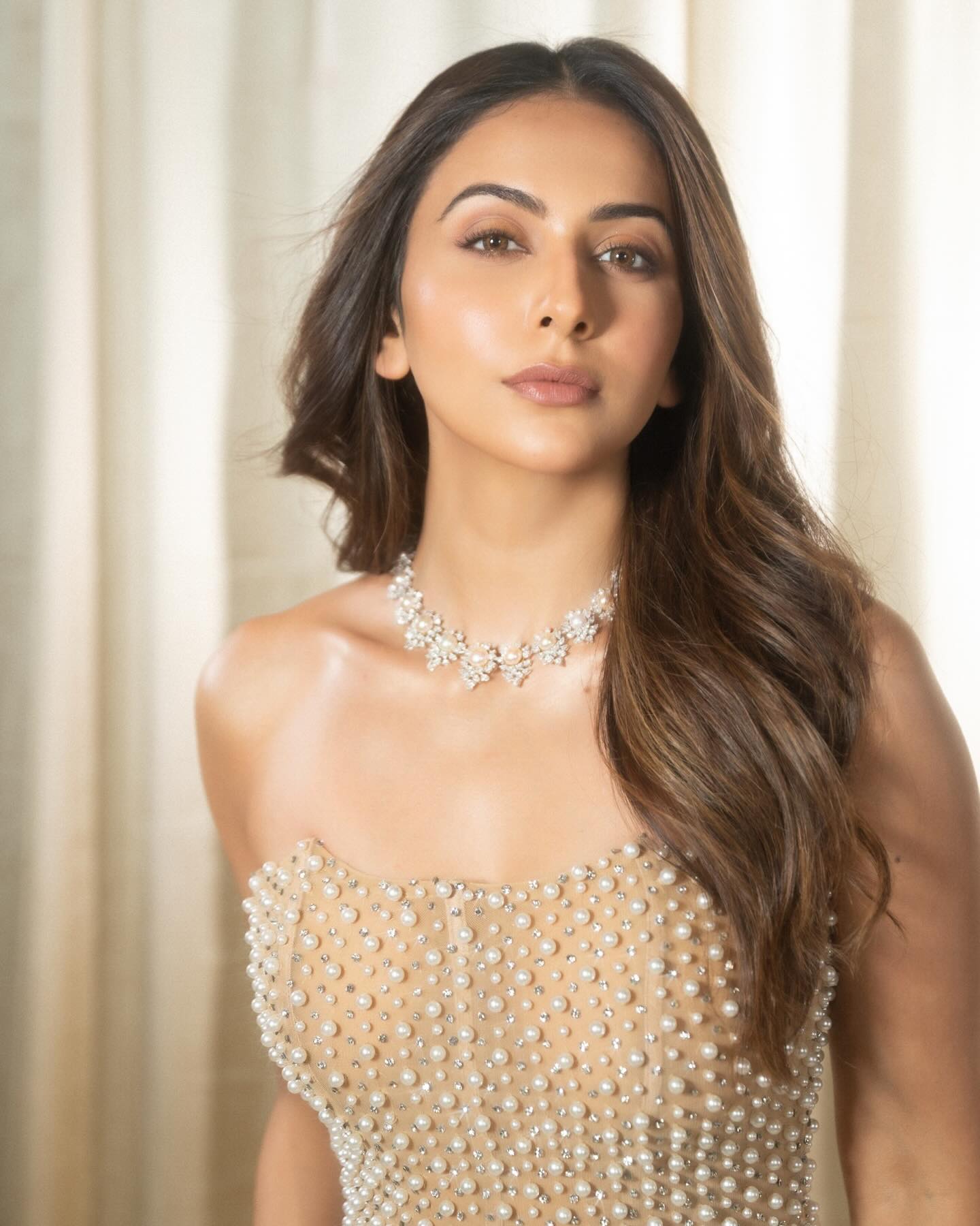 Rakul Preet Singh Stuns In Beige Pearl Bodycon Look