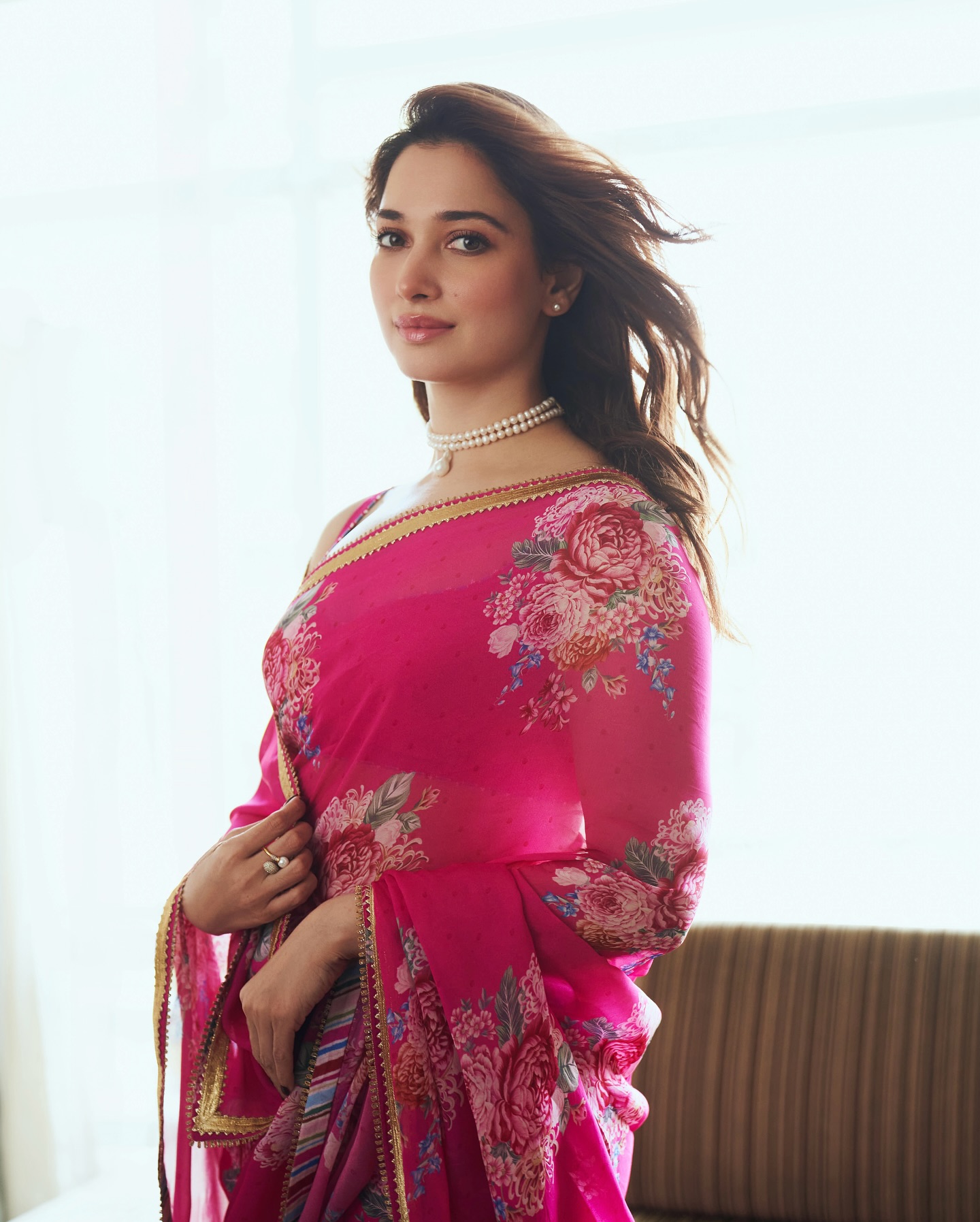 Tamannaah Bhatia Shines in Pink Floral Saree for Odela 2 Promotions