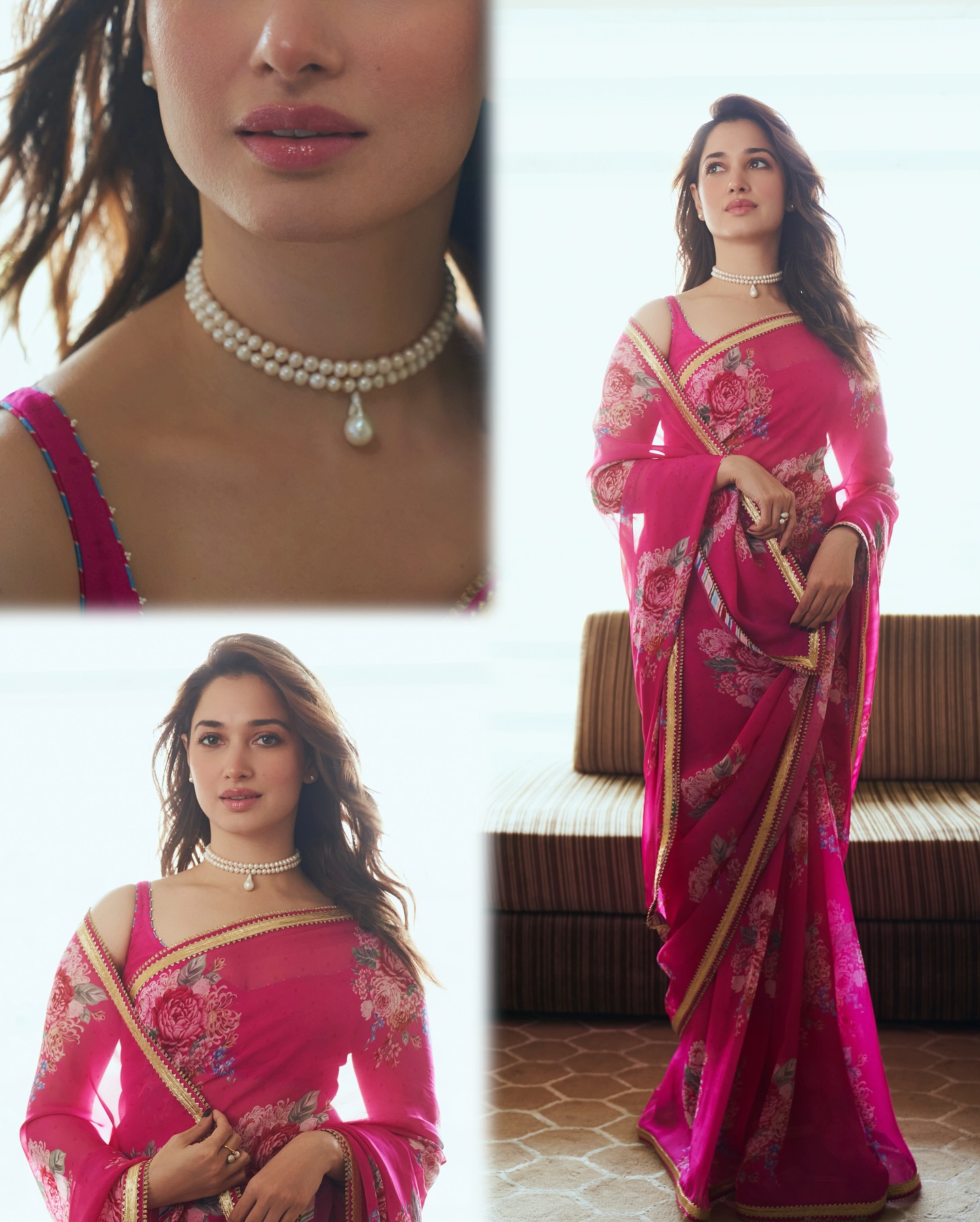 Tamannaah Bhatia Shines in Pink Floral Saree for Odela 2 Promotions