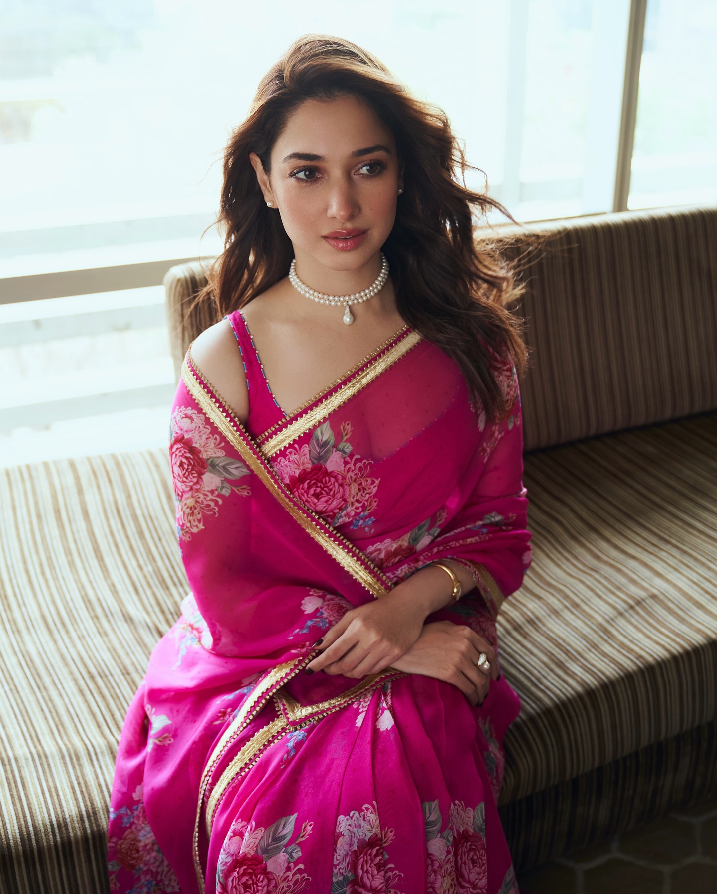 Tamannaah Bhatia Shines in Pink Floral Saree for Odela 2 Promotions