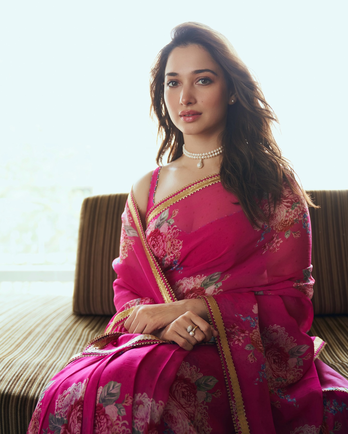 Tamannaah Bhatia Shines in Pink Floral Saree for Odela 2 Promotions