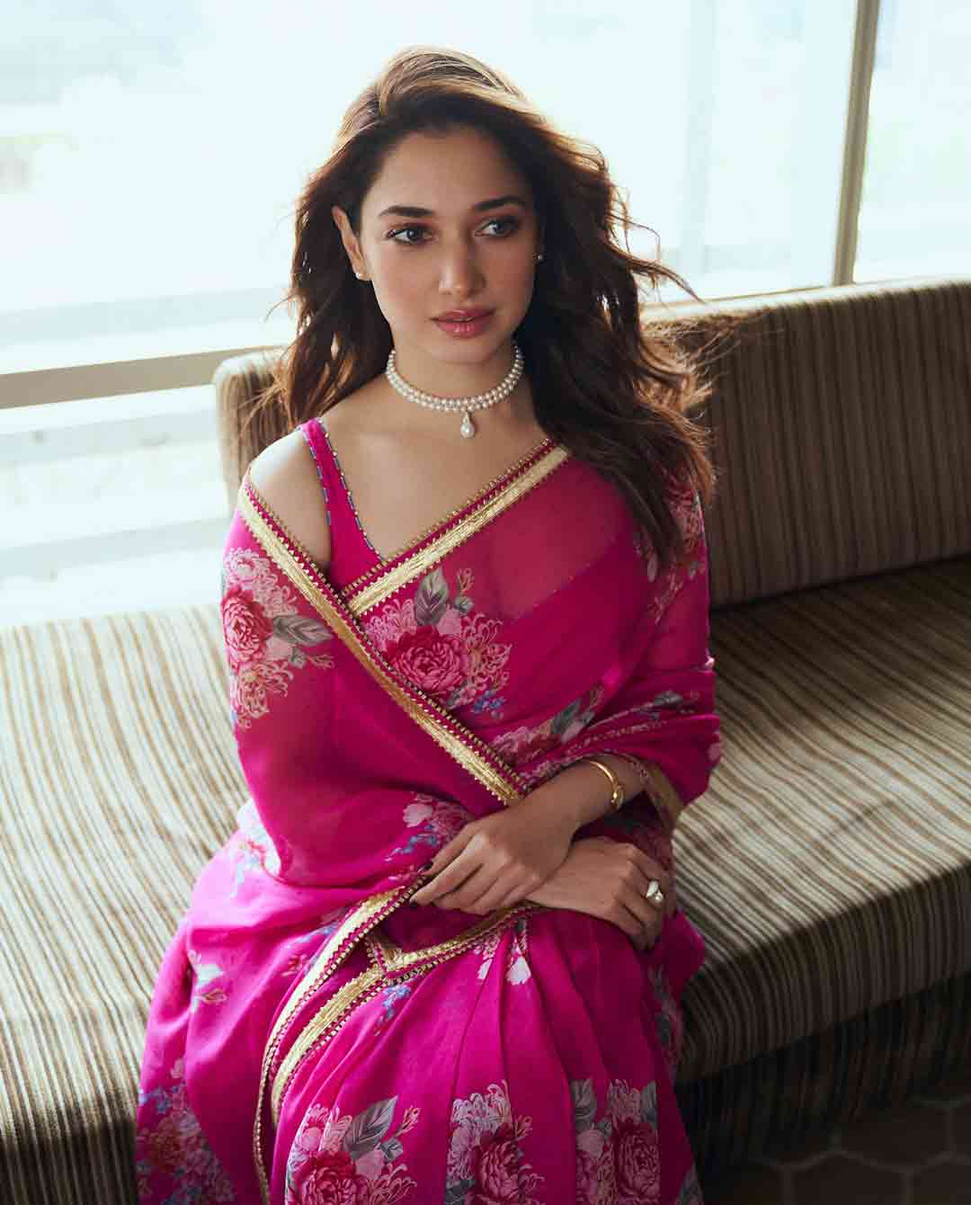 Tamannaah Bhatia Shines in Pink Floral Saree for Odela 2 Promotions