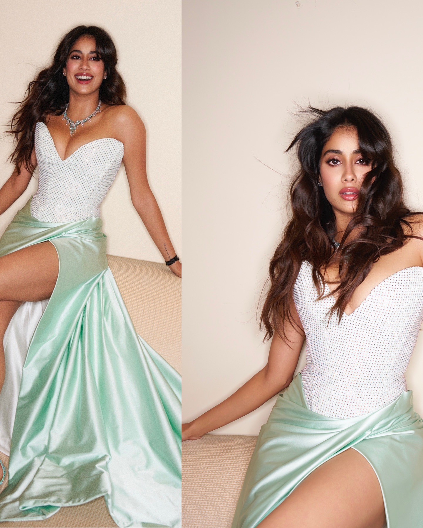 Janhvi Kapoor Dazzles in Satin Silver-Sea Green Turning Heads