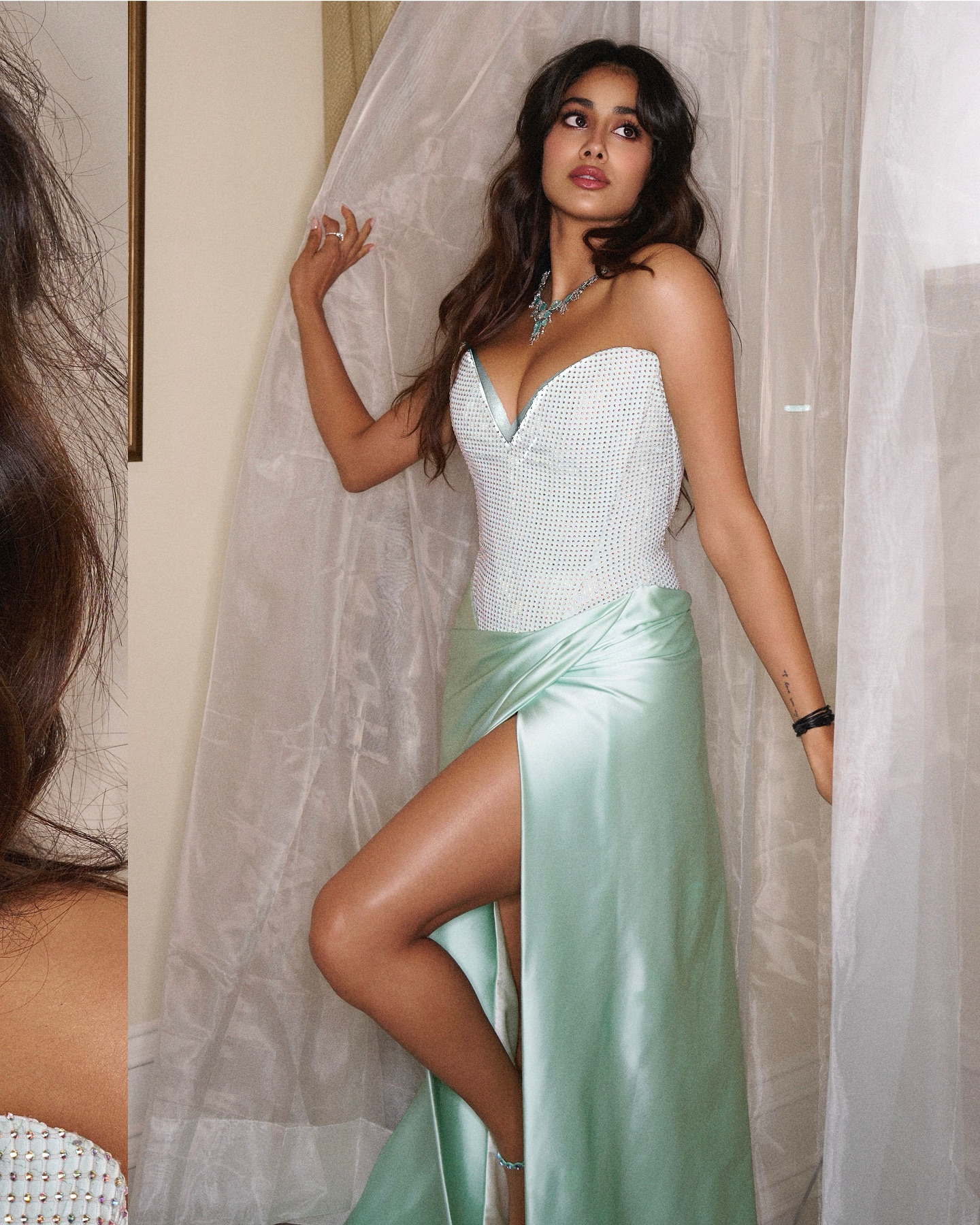 Janhvi Kapoor Dazzles in Satin Silver-Sea Green Turning Heads