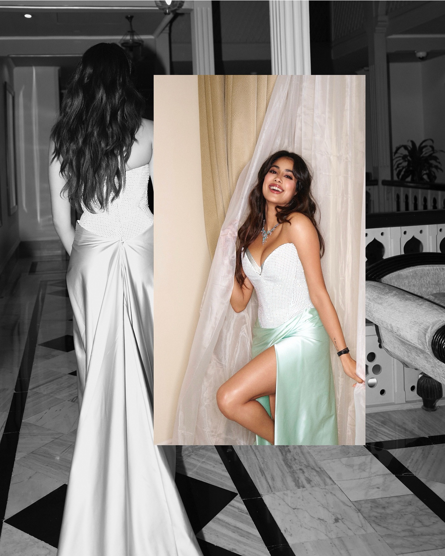 Janhvi Kapoor Dazzles in Satin Silver-Sea Green Turning Heads