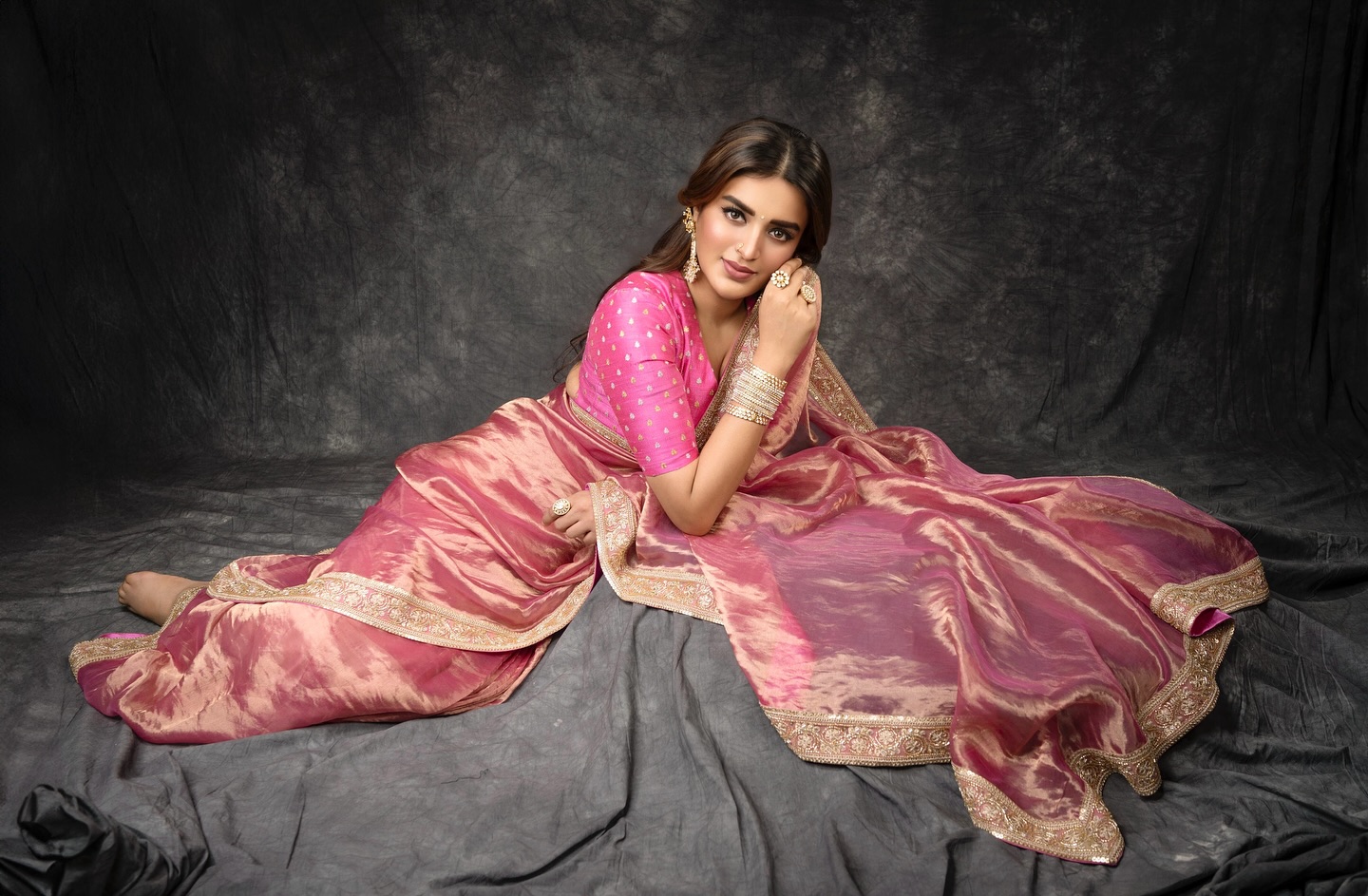 Nidhhi Agerwal in Pink Saree Gearing Up for Hari Hara Veera Mallu