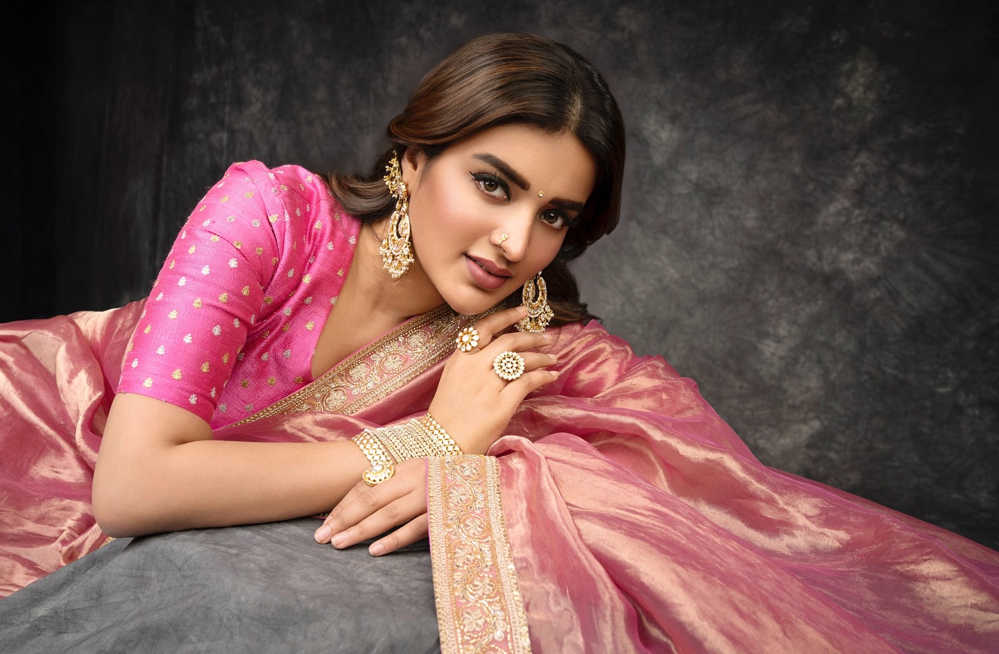 Nidhhi Agerwal in Pink Saree Gearing Up for Hari Hara Veera Mallu