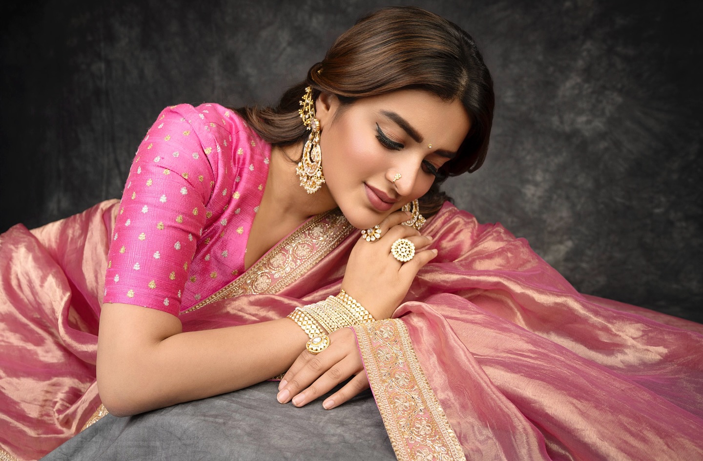 Nidhhi Agerwal in Pink Saree Gearing Up for Hari Hara Veera Mallu