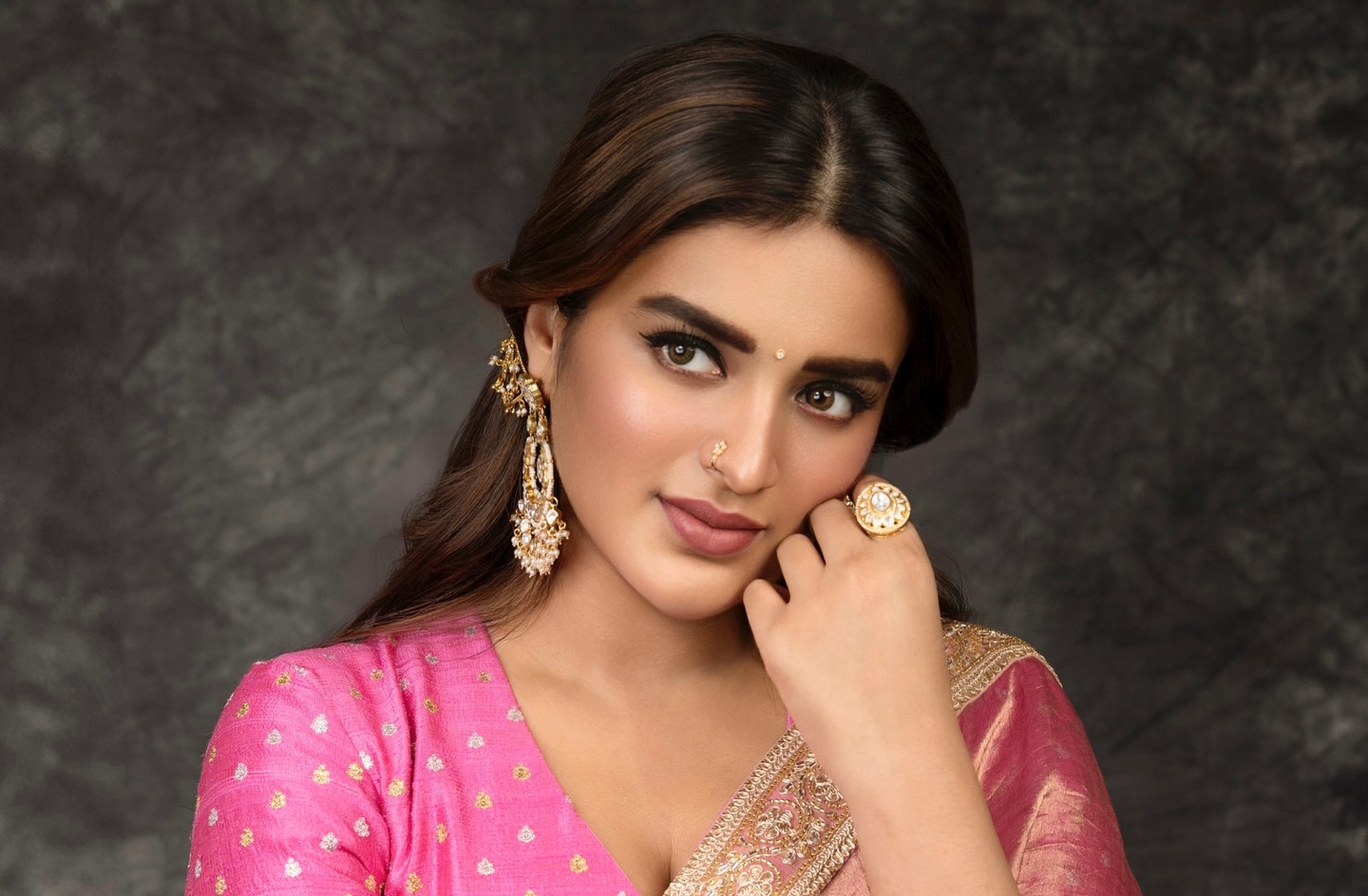 Nidhhi Agerwal in Pink Saree Gearing Up for Hari Hara Veera Mallu
