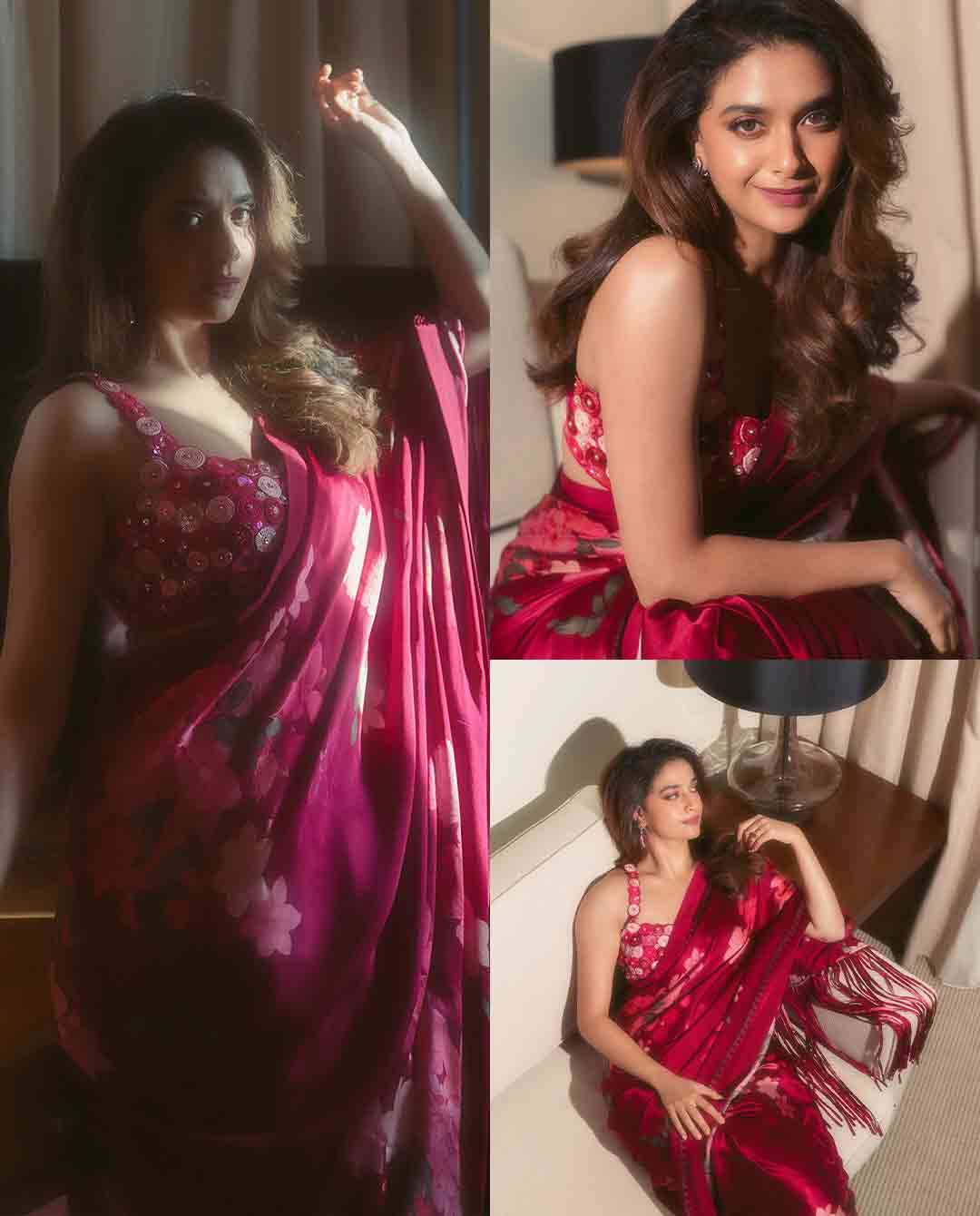 Keerthy Suresh slays eye catching HOT red floral saree in Dubai