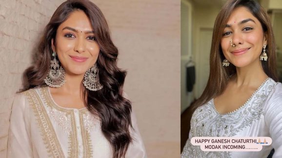 Mrunal Thakur Stuns in White Kurti for Ganesh Chaturthi Pooja