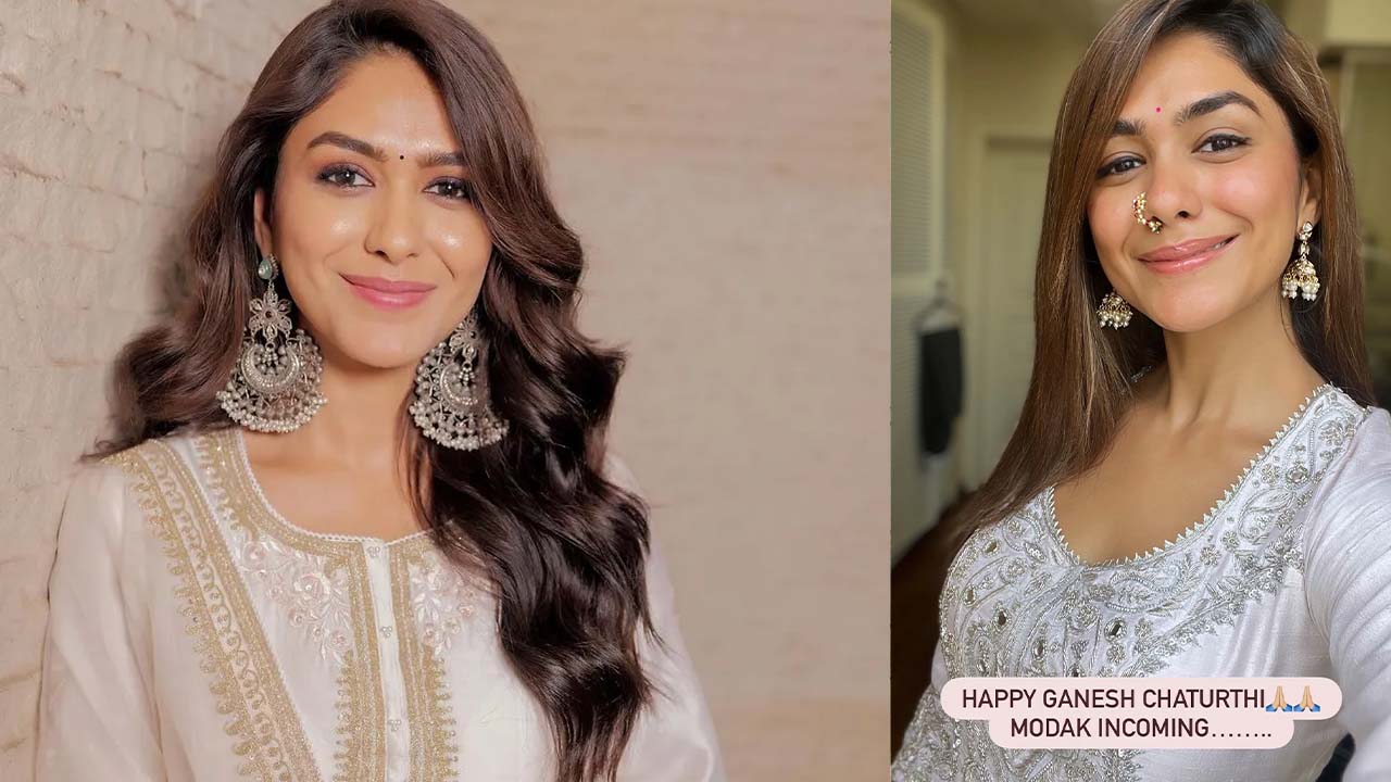 Mrunal Thakur Stuns in White Kurti for Ganesh Chaturthi Pooja