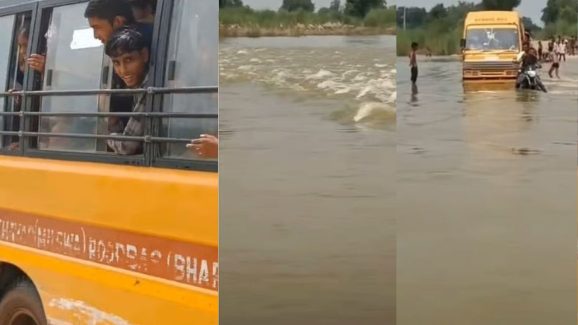 School Bus Crosses Flooded River in Rajasthan: Video Goes Viral