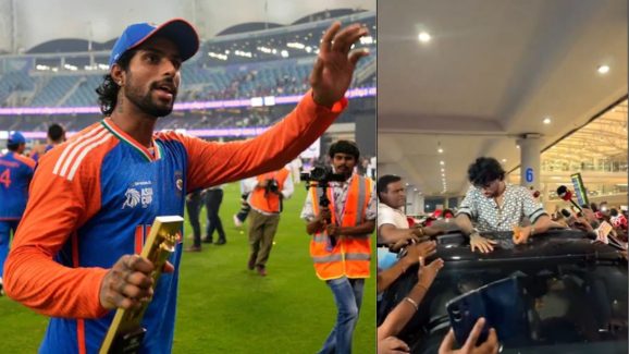 Tilak Varma mobbed by thousands at Hyderabad airport