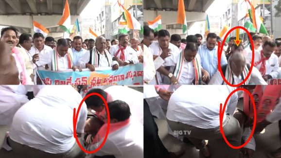 Congress Leader V. Hanumantha Rao Falls Down at BC Rally